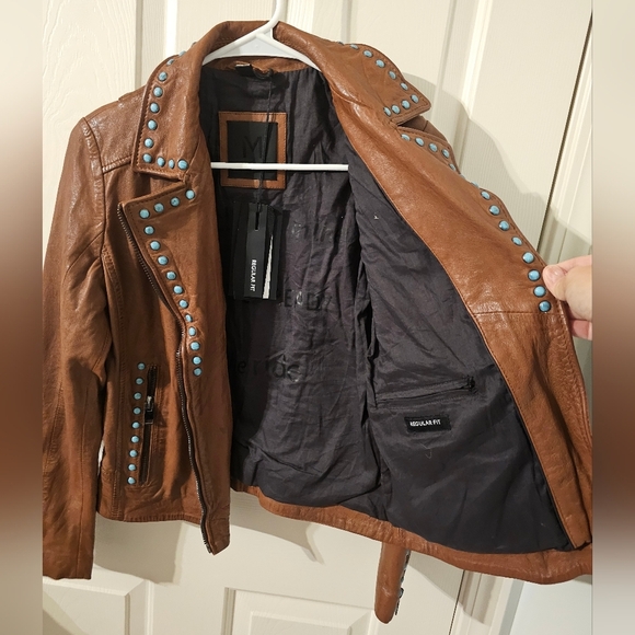 Maurtius NWT Leather Women's Turquoise Studded Leather Jacket Size S - Picture 6 of 15